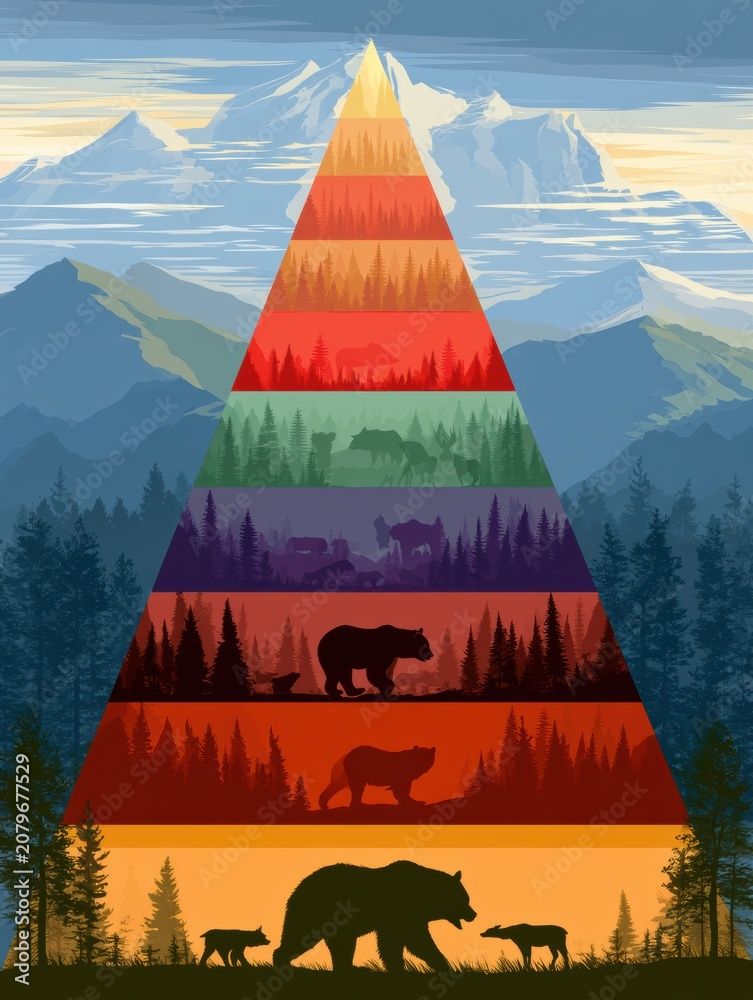 Fototapeta premium Visual representation of how disruption at one level of the food chain impacts all levels above in a natural ecosystem.
