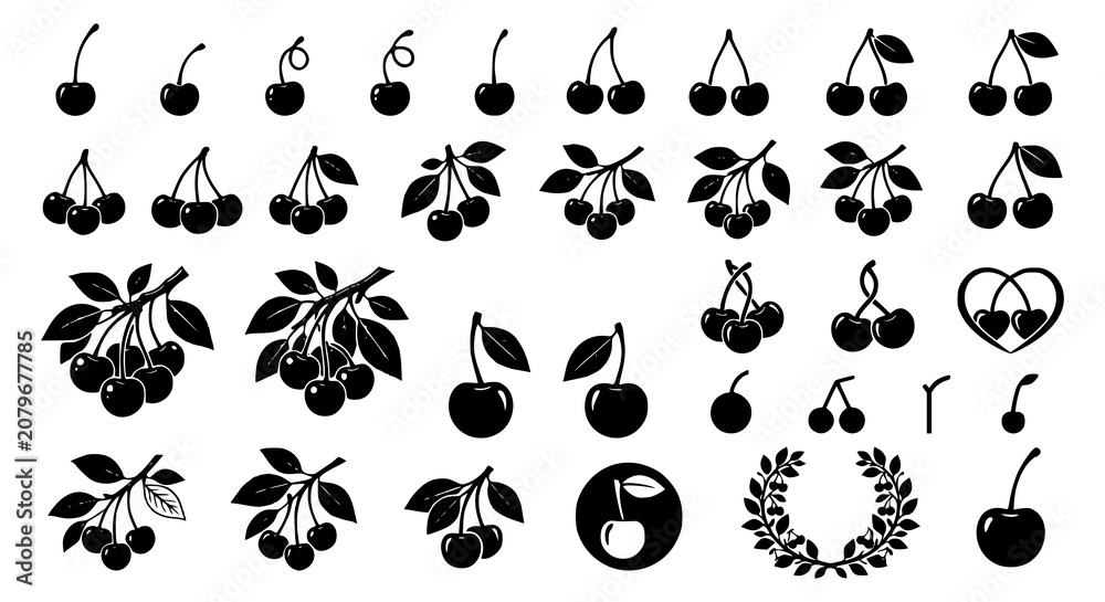 Fototapeta premium Black Cherry Silhouette Icon Collection for Food Packaging and Branding
