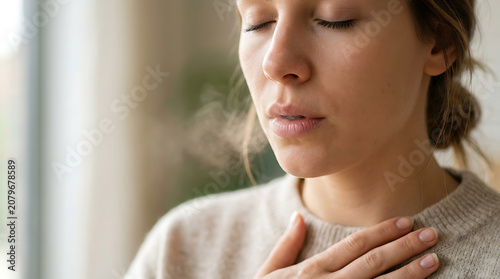 Close up of woman exhaling visible breath with hand on chest. Mindfulness and deep breathing concept