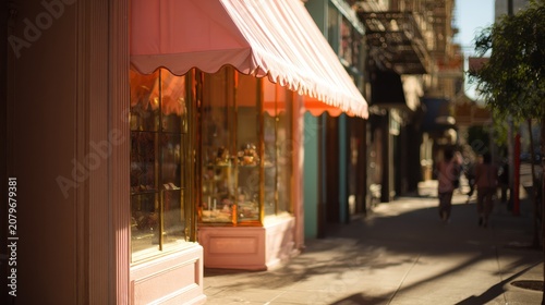 Urban storefront under a bright pink awning with welcoming entrance