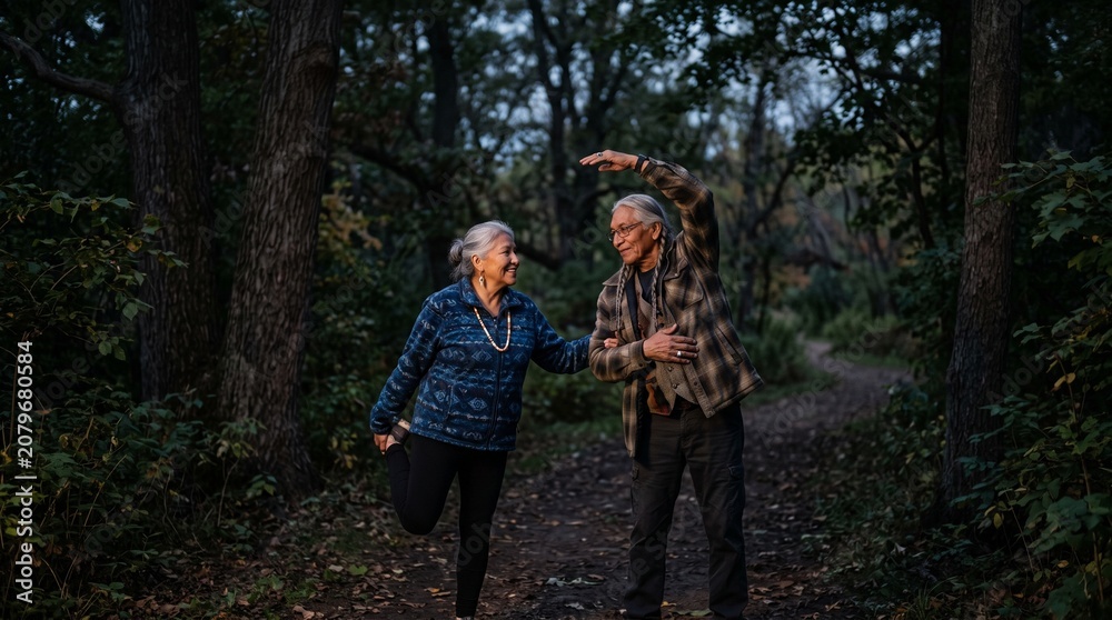 Fototapeta premium Elderly Indigenous Couple Exercising Together on a Forest Path at Dusk