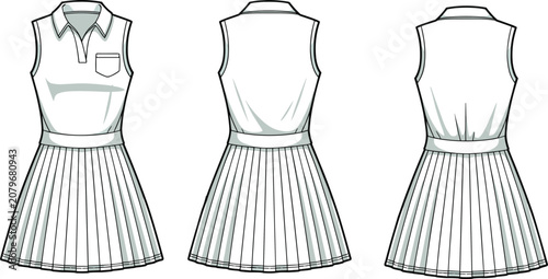 Fashion technical sketch of a women sleeveless polo dress with pleated skirt design template