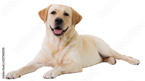 Photos Happy yellow Labrador Retriever dog lying down, isolated on transparent backgrou