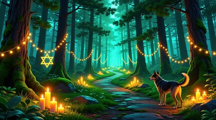 A dog walks on a forest path lit by candles and star of David lights. Decorative string lights hang between trees, creating a magical, festive ambiance for a holiday celebration.