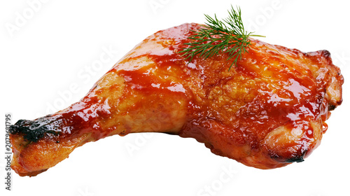 Obraz na plátně Juicy roasted chicken leg quarter with glossy glaze and fresh dill sprig, isolat