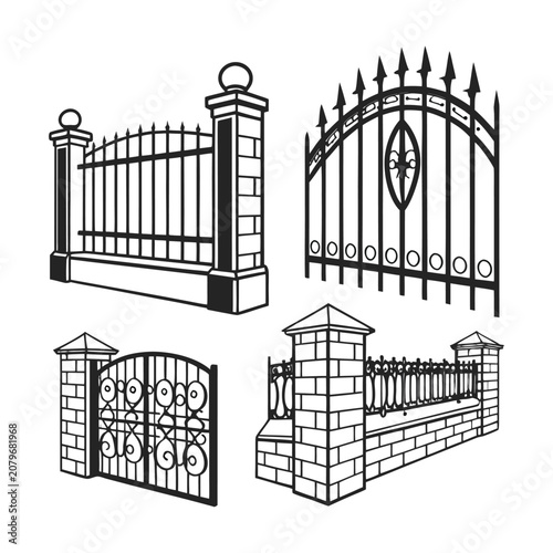Foto Black metal gate, fence, and railing vector set, ornate ironwork designs, decora
