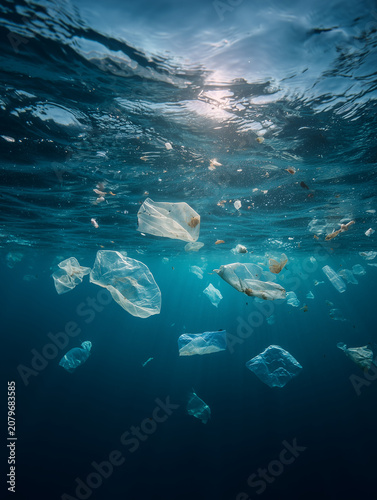 Plastic bags floating in deep ocean water pollution