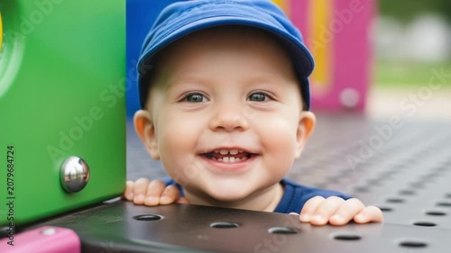 Closeup portrait of a happy toddler boy wearing a blue cap playing on a colorful playground