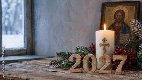 2027 Christmas and New Year copy space banner for Orthodox church services, Christian greetings and winter memorial cards with wooden 2027 numbers, candle, icon, cross, fir branch and snowy window