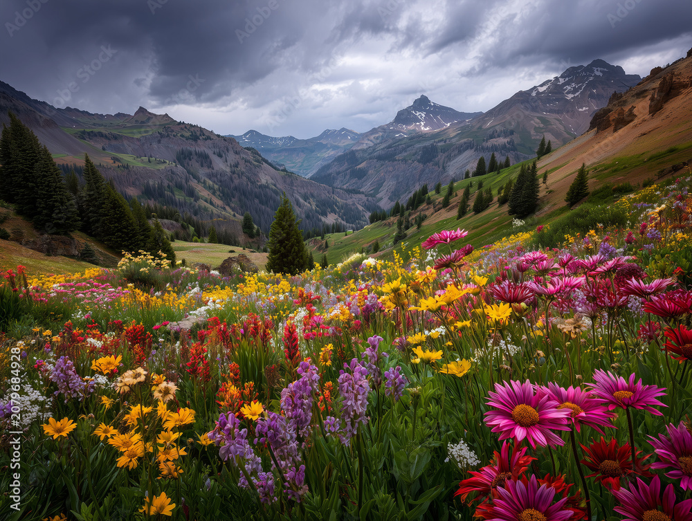 Obraz premium Colorful wildflowers blooming in mountain valley under dramatic clouds