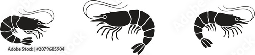 Photos Three stylized black silhouette illustrations of crustaceans depicting shrimp fa