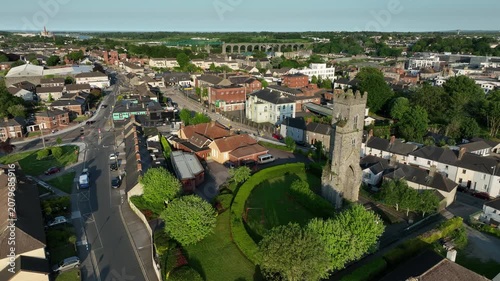 Aerial view of the historic city centre of historic downtown Drogheda, County Louth, Ireland.