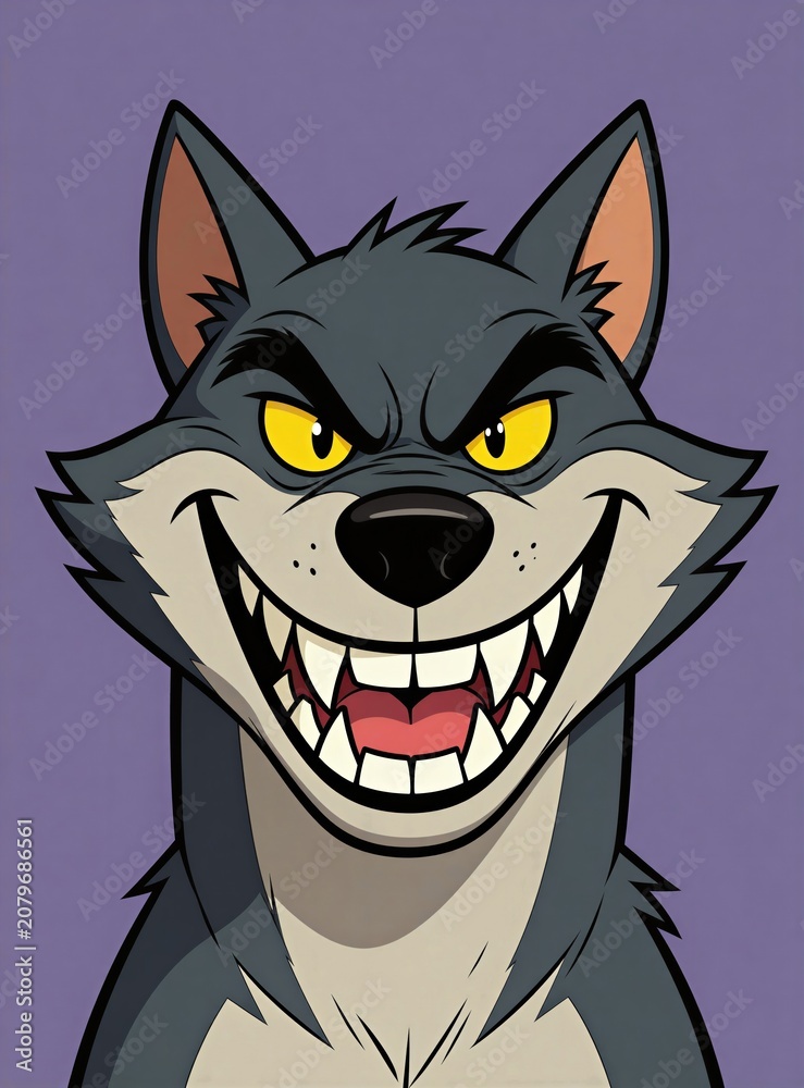Obraz premium Cartoon wolf with wide grin, yellow eyes shows sharp teeth. Fanged animal looks menacing with evil smile on purple background. Ferocious beast sly wicked expression, danger in gaze, ready to attack.