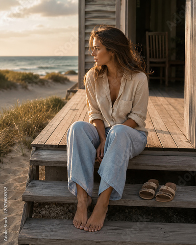 Junge Frau sitzt barfuß auf der Veranda eines Strandhauses mit Blick aufs Meer. Atmosphärisches Lifestyle-Motiv zu Sommerurlaub, Entspannung, Slow Living, Küstenleben und Fernweh.