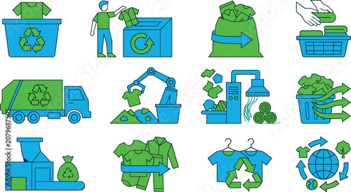 Set of flat depicting clothing recycling process, textile waste management, sustainable fashion, and circular economy