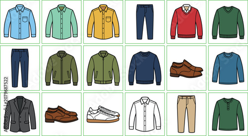 Set of flat for men apparel featuring shirts, trousers, sweaters, jackets, and various types of casual and formal shoes