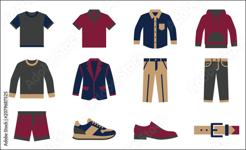 Set of flat for men clothing and accessories including shirts, jackets, trousers, shorts, sneakers, shoes, and leather belt
