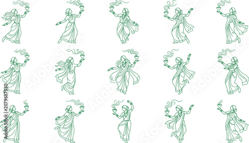 Set of green line depicting indian women in traditional sarees dancing with incense burners on white background