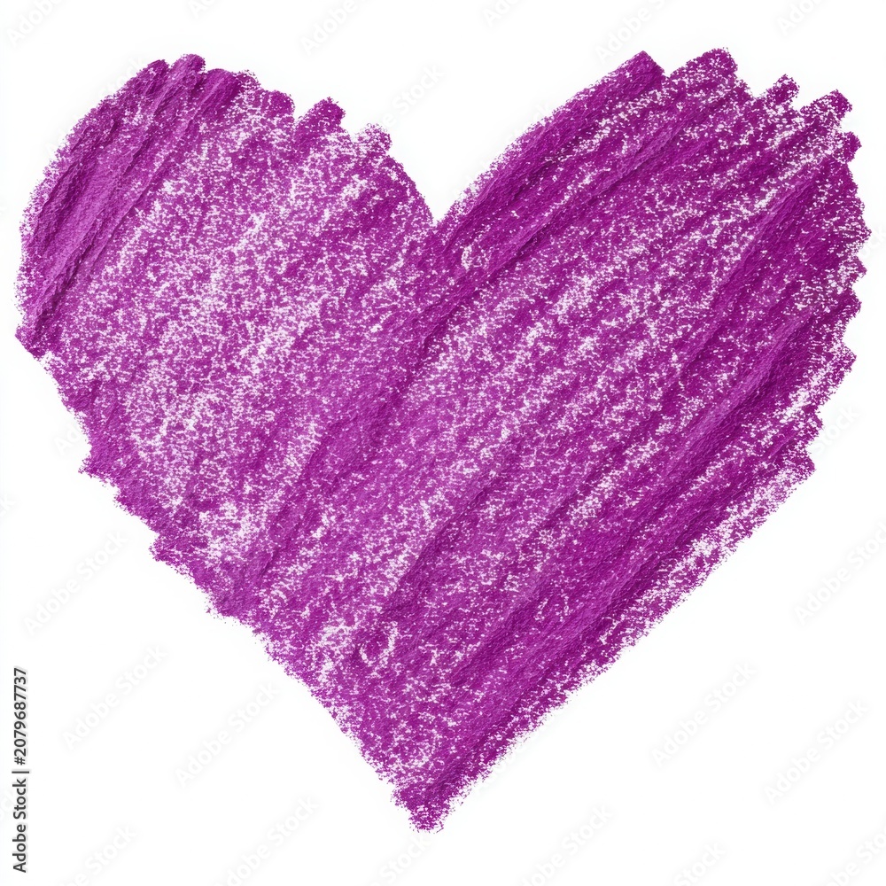 Fototapeta premium Purple heart shape illustration made with rough crayon texture, hand drawn style, isolated on pure white background, symbolizing compassion and emotional support
