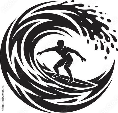 Surfer Riding Giant Ocean Wave Silhouette Vector Illustration