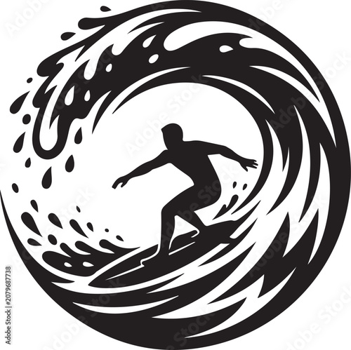 Surfer Riding Giant Ocean Wave Silhouette Vector Illustration