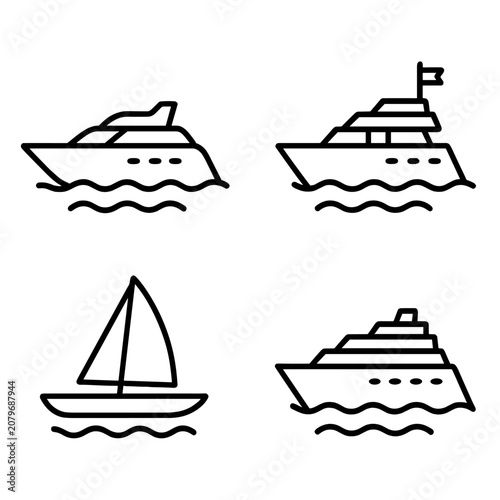 Set of minimalistic boat icons on gray background for nautical themes