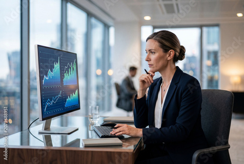 Analista financiera concentrada evaluando gráficos de crecimiento y rendimiento en un monitor moderno, trabajando en una oficina corporativa de alta gama con ventanales a la ciudad.