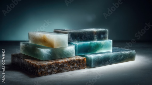 Cool-toned rectangular blocks of translucent material stacked in layers, illuminated by a soft diffuse glow against a dark background