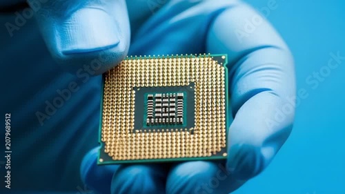 Closeup of a computer processor held by a hand in a blue nitrile glove