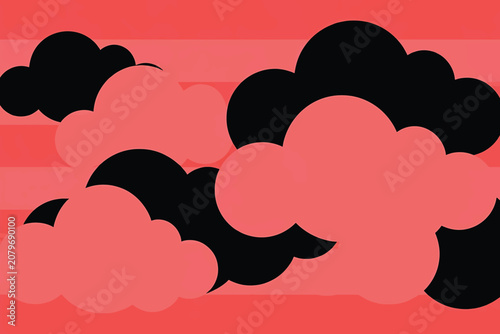 Warm Coral pink and Black Layered Cloud Silhouette Pattern.