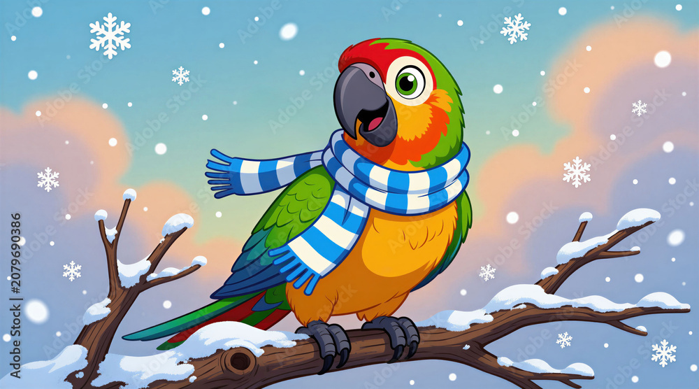 Naklejka premium Cartoon parrot wearing striped scarf sits on snow covered branch during winter snowfall. Bird looks cheerful despite cold weather and snowflakes falling. Festive illustration with bright colors.