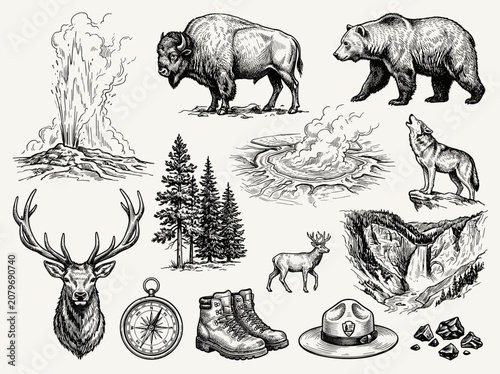 Hand drawn black ink sketch of yellowstone, old faithful geyser, bison, wolf, bear, hike gear, white background