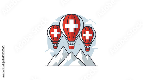 Obraz na plátně Hot air balloons fly above Swiss Alps mountains on National Day celebration
