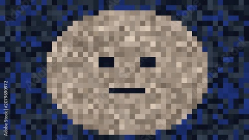 Pixel moon face animation on dark blue 4k background, for retro gaming, and digital projects, 8-bit
