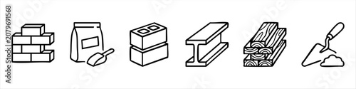 A set of hand-drawn construction material icons including bricks, cement bag, concrete blocks, steel beam, wooden planks, and a trowel, perfect for building and hardware store graphics.