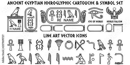 Konstfotografi Hieroglyphic Cartouche Line Art Black White-Bird Symbol Eye Horus Name Border-Eg