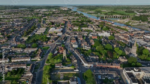 Aerial view of the historic city centre of historic downtown Drogheda, County Louth, Ireland.