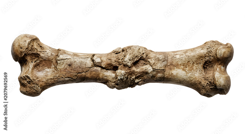 Fototapeta premium Highly Detailed Scientific Render of an Ancient Bone Fossil with a Healed Fracture Isolated on White