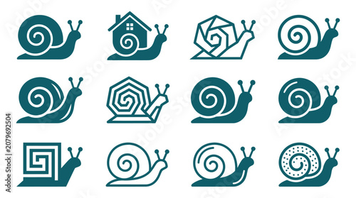 Set of twelve snail logo icons in various minimalist styles