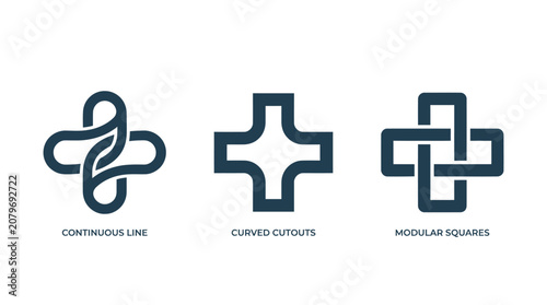 Three geometric medical cross logo concepts in black and blue.