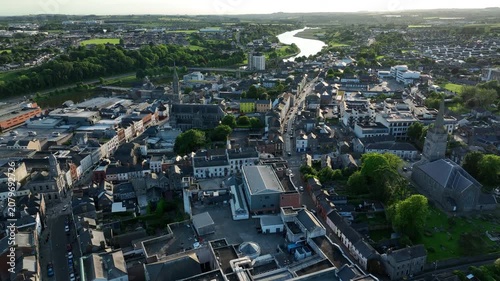 Aerial view of the historic city centre of historic downtown Drogheda, County Louth, Ireland.
