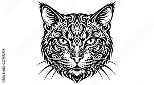 Tribal cat head portrait with intricate mandala patterns.