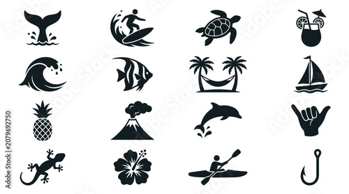 Tropical island and ocean beach icon set silhouettes.