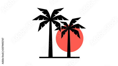 Two palm tree silhouettes against red sun circle.