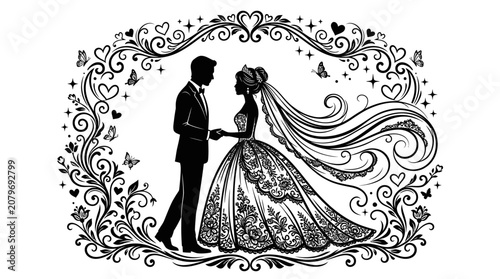 Wedding couple silhouette inside heart shaped ornate floral border.