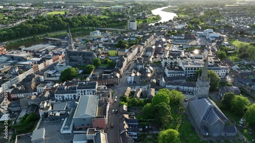 Aerial view of the historic city centre of historic downtown Drogheda, County Louth, Ireland.