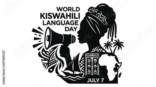 Fotografía Kiswahili Language Day Silhouette With Megaphone And African Map
