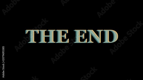 The end cinematic text title with retro glitch effect and chromatic aberration for motion animation 4k