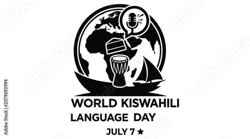 Cuadro en lienzo World Kiswahili Language Day Illustration With Microphone And Drum Black Silhoue