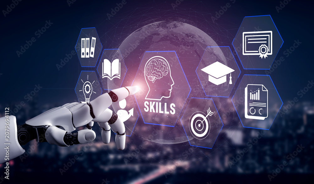 Fototapeta premium Futuristic robotic hand interacting with digital icons representing education, skill development, and knowledge advancement in a modern technological landscape. Glyphic.